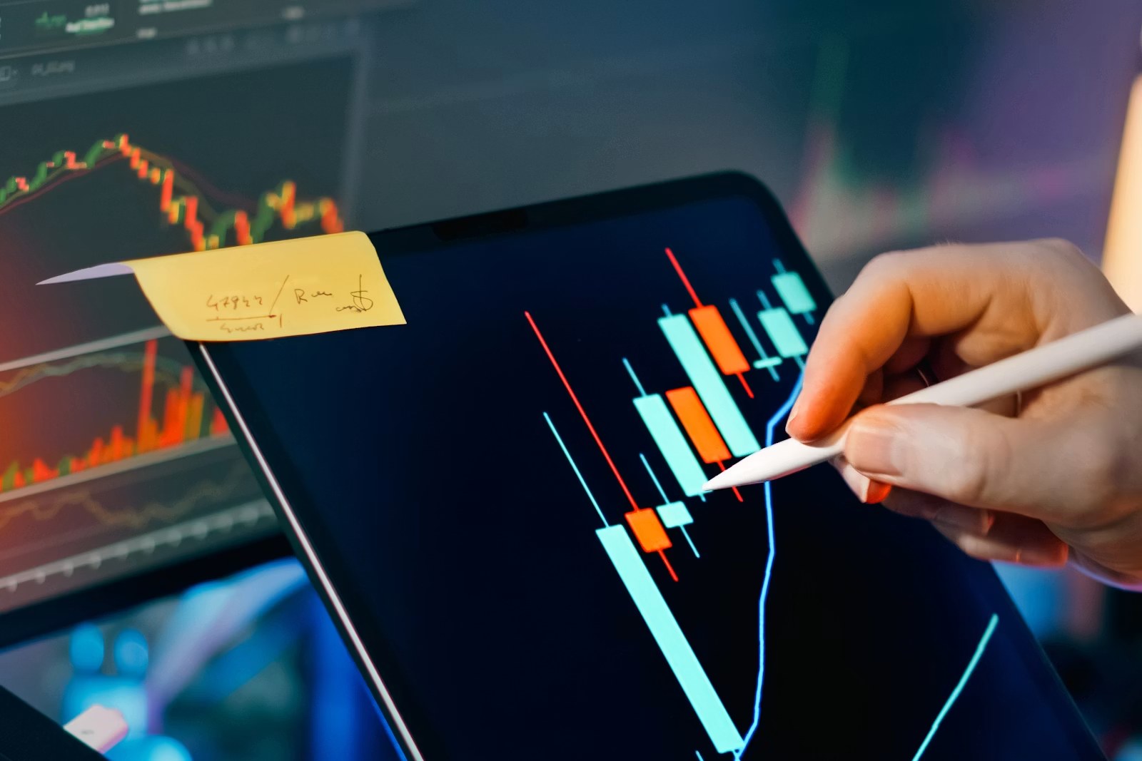 Investidor analisando gráficos de mercado em tablet e monitor para escolher ações