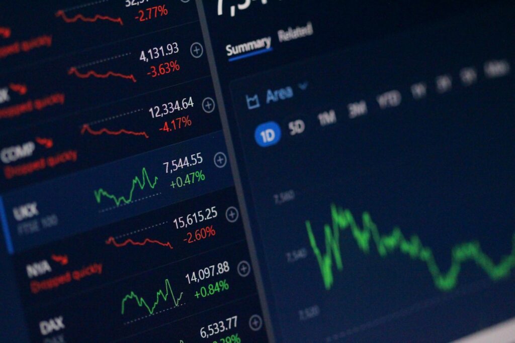 Painel de cotações do mercado de ações com variações percentuais em destaque