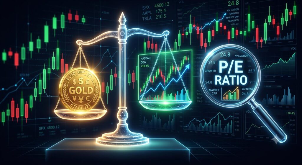 Ilustração de balança comparando lingotes de ouro e o indicador P/L sob uma lupa