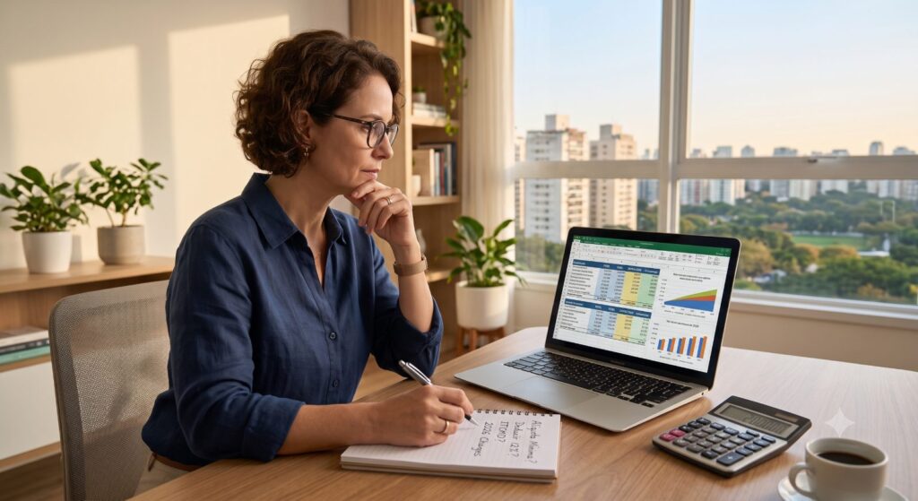 Mulher analisando planilha de previdência privada no notebook em um escritório